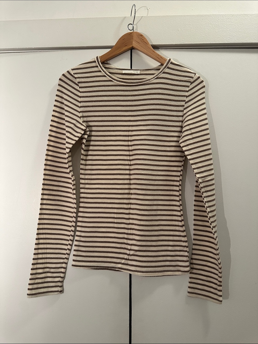 Zara Cream & Brown Striped Long-Sleeve Crewneck Top